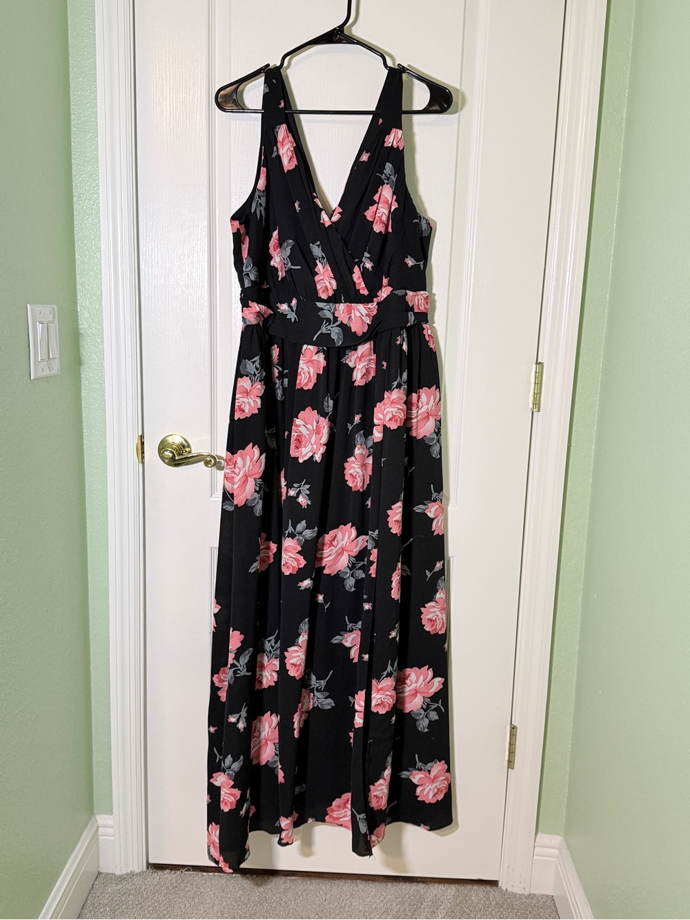 Black Floral Wrap Maxi Dress with Pink Roses